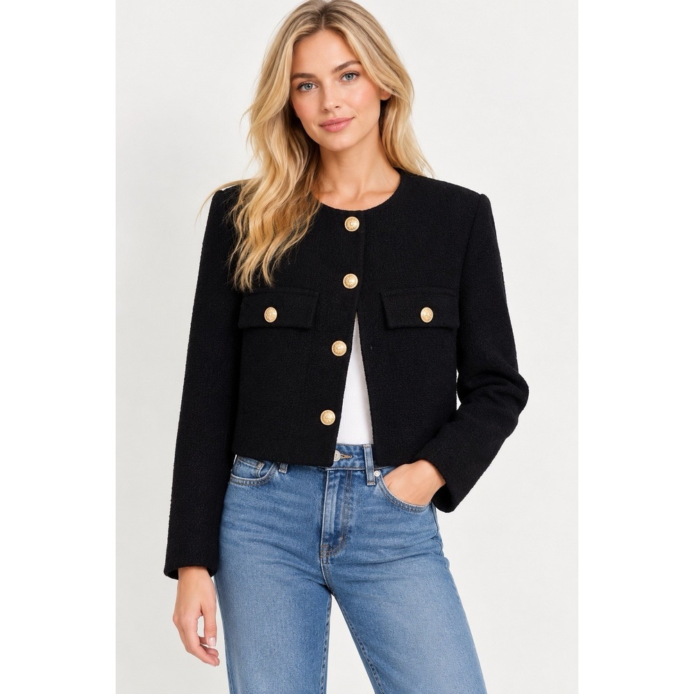 NEW! ZARA  Tweed Gold Button Front Blazer Jacket Black SZ M
